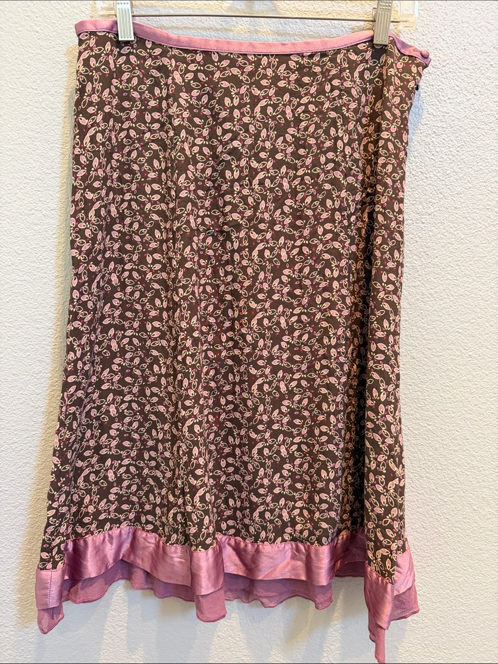 J. Jill Womens Brown A-Line Skirt with Pink Floral Print and Pink Trim